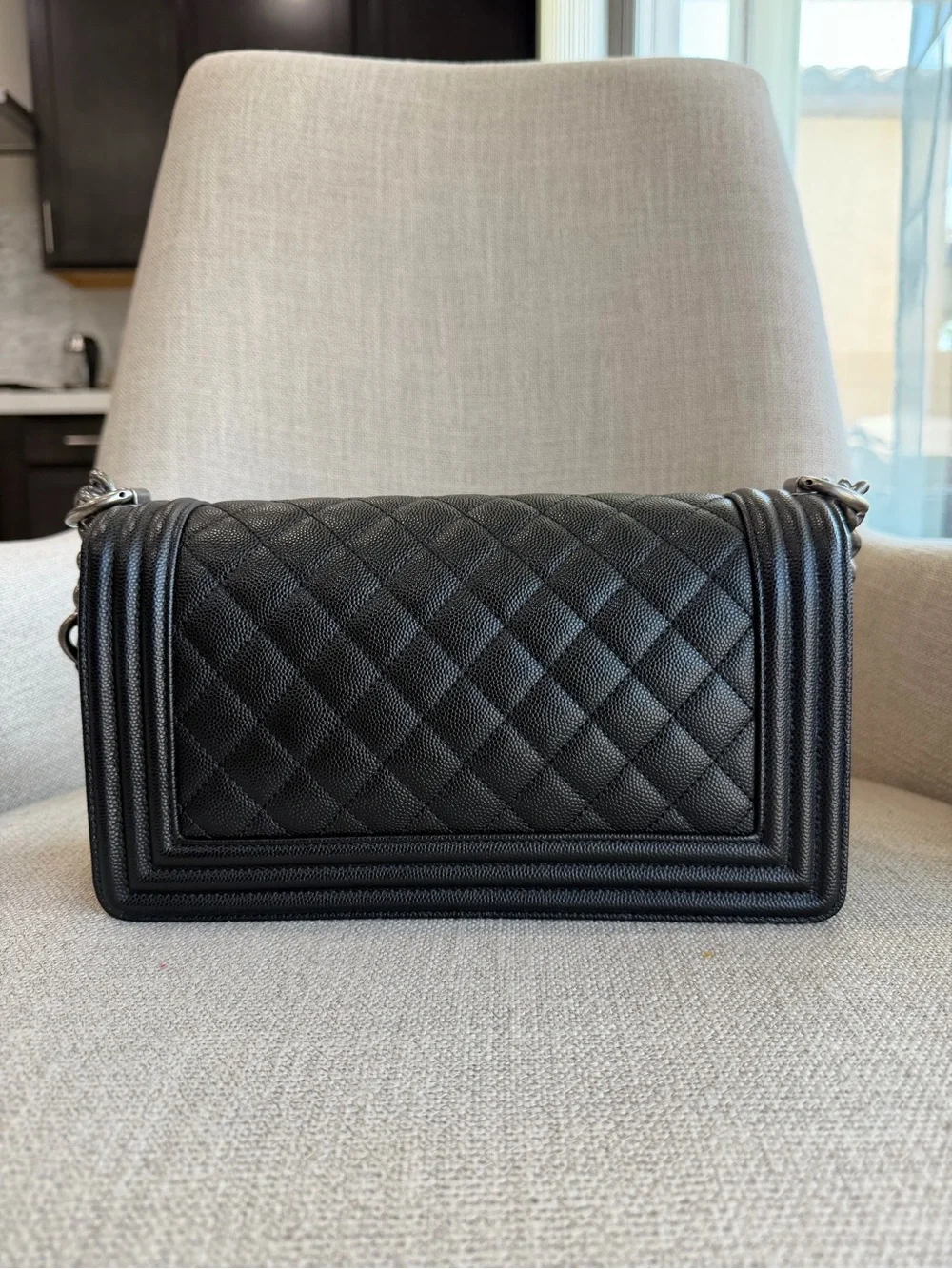 CHANEL Black Quilted Boy Shoulder Bag with Gunmetal Hardware
